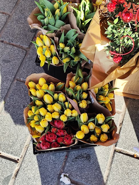 An outdoor display of multiple floral gifts, featuring three bouquets of tulips with vibrant yellow, red, and green foliage, wrapped in brown kraft paper. The tulips are arranged with fresh, textured