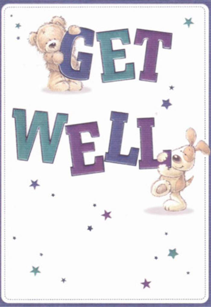 This charming get well card channels the uplifting essence of Canning Town's community spirit. At its centre, a sweet brown bear and an eager puppy team up to deliver get well wishes in an artful display of friendship and encouragement. The bear clings joyfully to the top of the oversized 'GET,' while below, the puppy nestles around 'WELL,' both rendered in rich hues of purple and teal. The crisp, airy backdrop highlights the sense of cleanliness and hope, reminiscent of a fresh start or a newly swept pathway through nearby Keir Hardie Recreation Ground. Scattered stars, painted in playful shades, provide a whimsical sprinkle of positivity-much like the final flourish of filler flowers in a thoughtfully arranged bouquet. The textures are almost tangible: you can sense the bear's plush softness and the puppy's welcoming fur, feelings local residents might associate with comforting, fragrant arrangements from a Canning Town florist. As you envision sending this card tucked alongside a bouquet, it becomes clear that its message-woven through colour, shape, and expressive faces-offers reassurance, encouragement, and the gentle strength needed during recovery. Each detail, from the dynamic lettering to the twinkling stars, echoes the unique warmth and solidarity found throughout Canning Town.